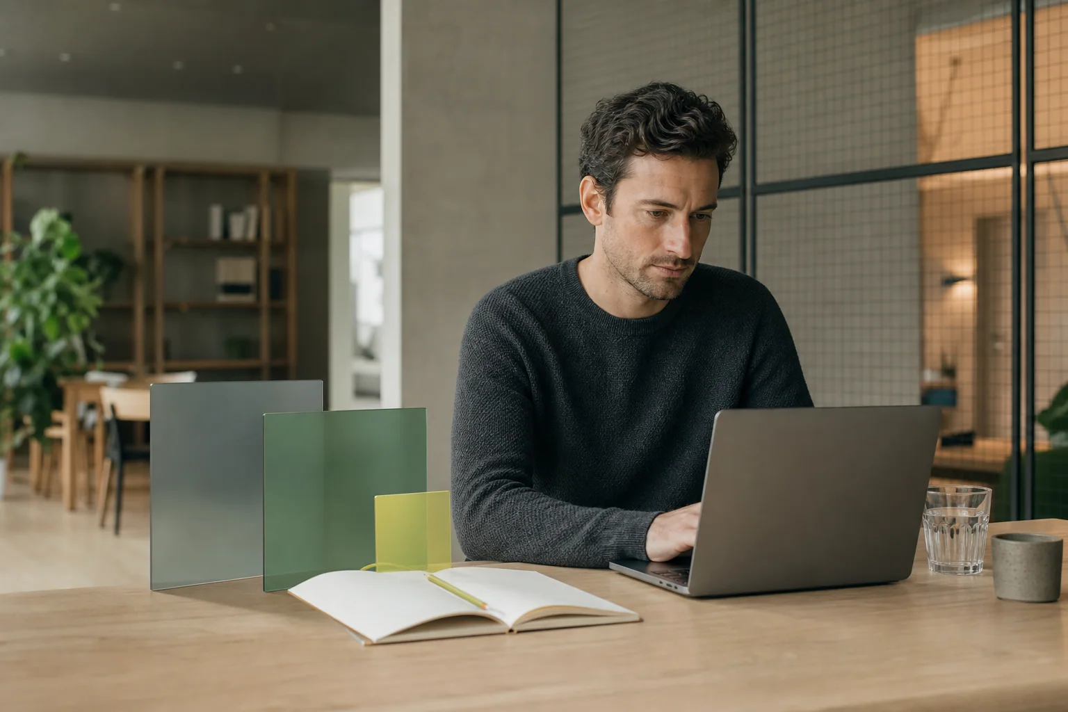 Konzentrierter Teilnehmer lernt mit Laptop und Notizbuch in einem modernen Studio