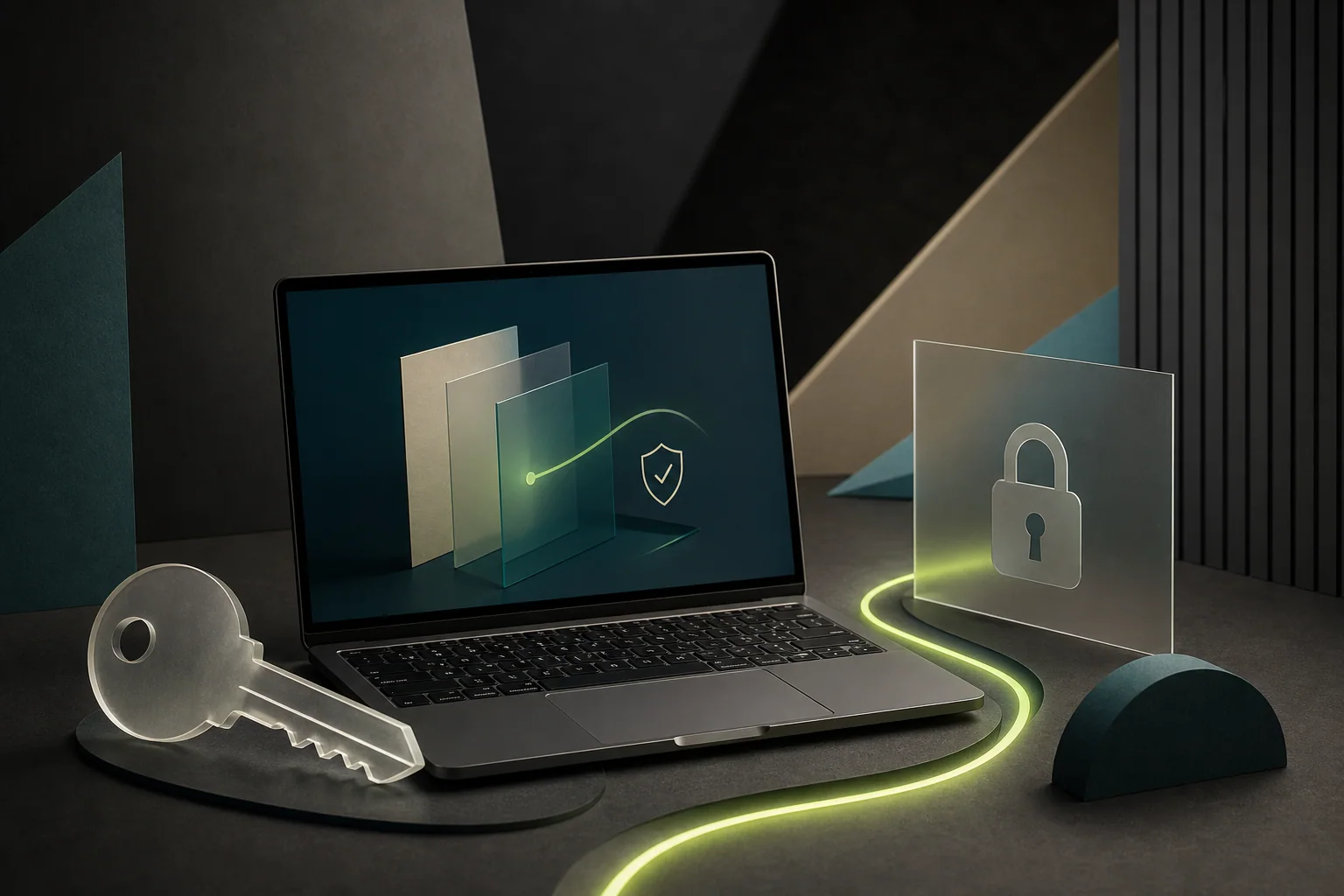 Abstrakte Darstellung eines geschützten digitalen Arbeitsplatzes mit Laptop, Schlüssel und Sicherheitselementen