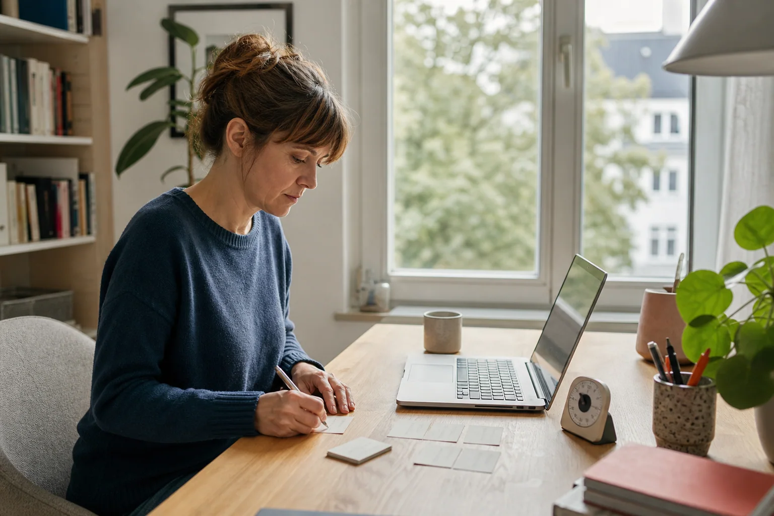 Berufstätige plant konzentriert ihren Remote-Arbeitstag am Laptop